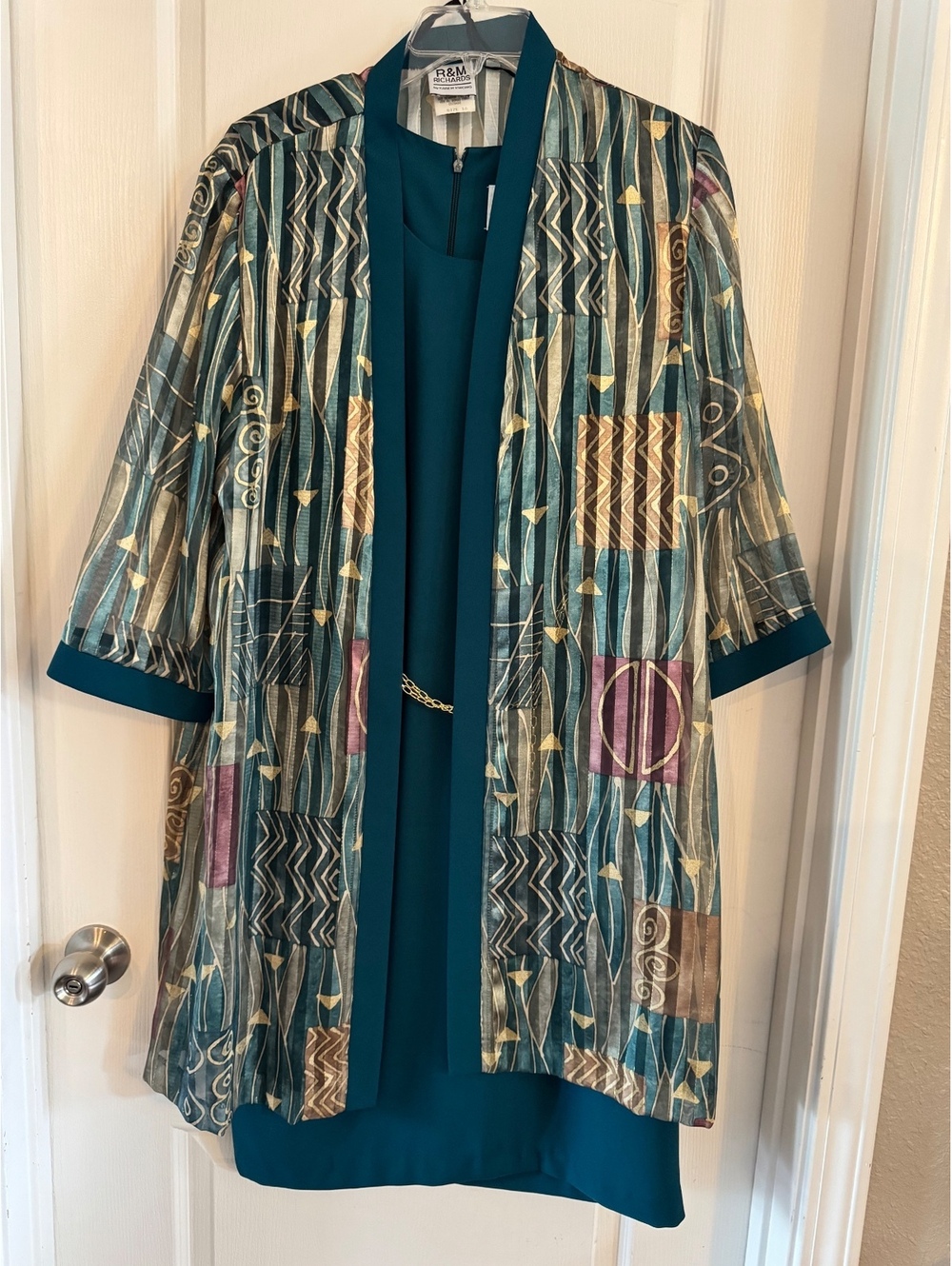 R&M Richard’s Teal Dress with Patterned Sheer Jacket Set